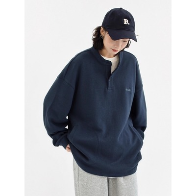 秋季半开襟华夫格卫衣女男女同款纯色半扣套头外套