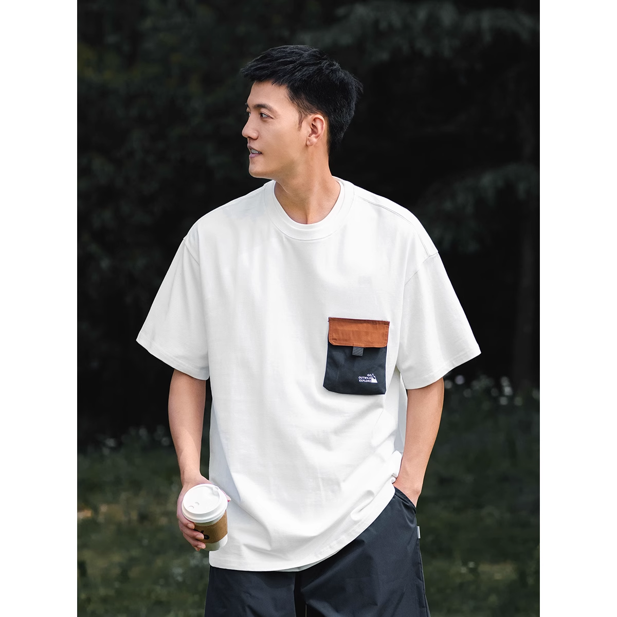 260g重磅T恤男撞色口袋装饰日系休闲宽松夏季新款圆领短袖