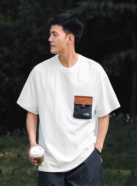 260g重磅T恤男撞色口袋装饰日系休闲宽松夏季新款圆领短袖