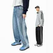 2025新款 男宽松百搭三条杠直筒休闲长裤 美式 潮牌牛仔裤