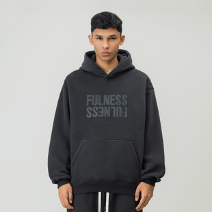 FOH 380g重磅厚板字母印花加绒卫衣男春季新款宽松美式休闲帽衫