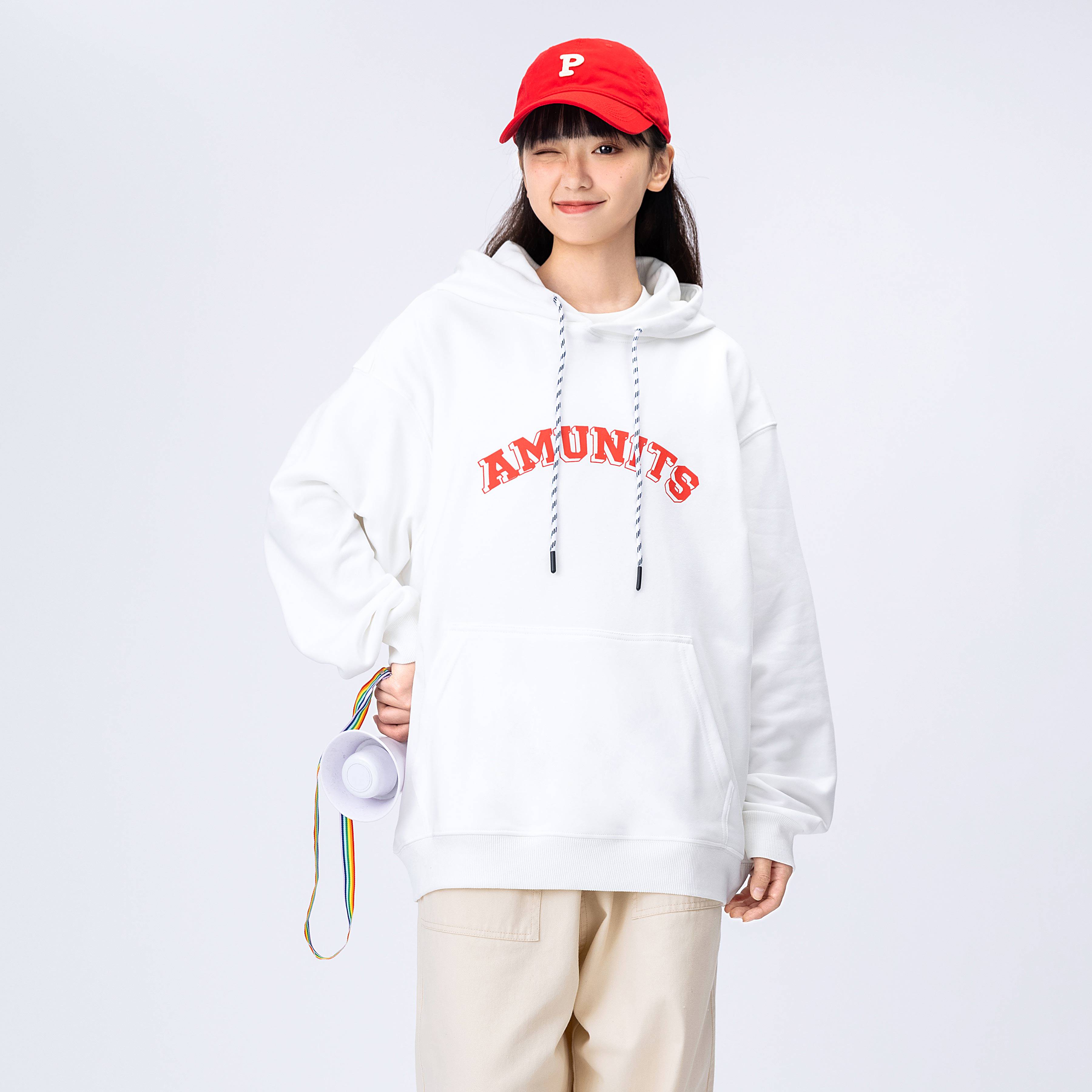 春季日系宽松连帽卫衣女字母印花袋鼠兜休闲中性套头上衣