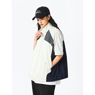 复古清新拼色拼接运动户外防风拉链半高领宽松马甲背心