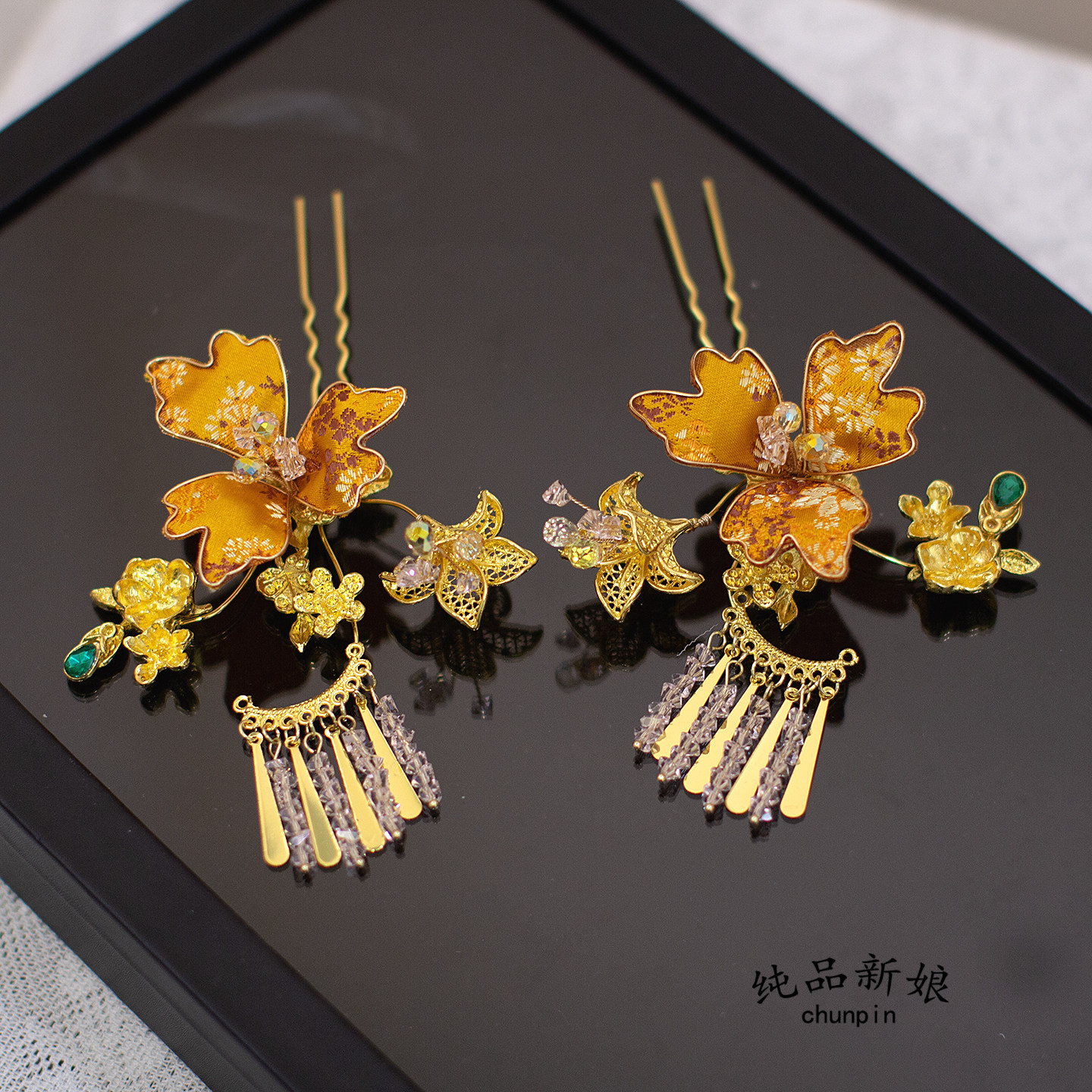 纯品新娘中式金色流苏鬓角夹边夹头饰汉服龙凤褂发饰婚礼晨袍配饰