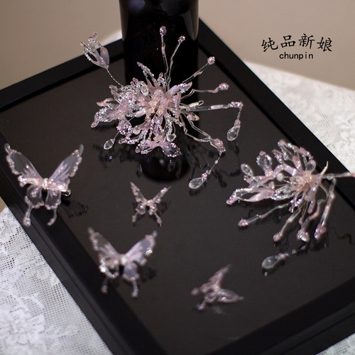 超仙新娘粉色水凝滴胶蝴蝶发夹