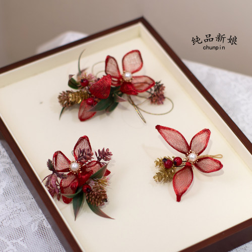 纯品新娘手工红色发饰婚礼造型