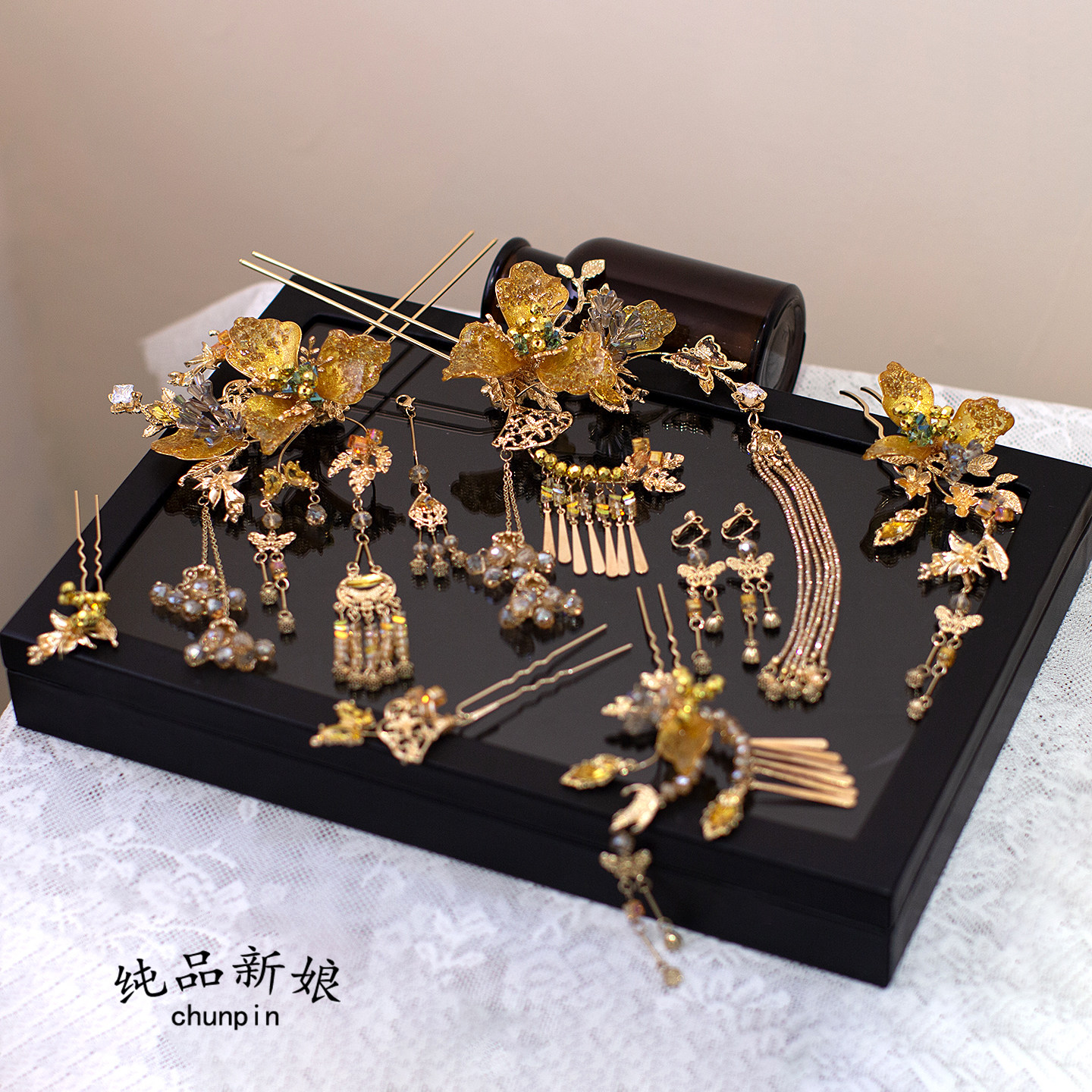 新款中式新娘金色头饰秀禾服龙凤褂香槟色发簪发饰古典结婚礼配饰
