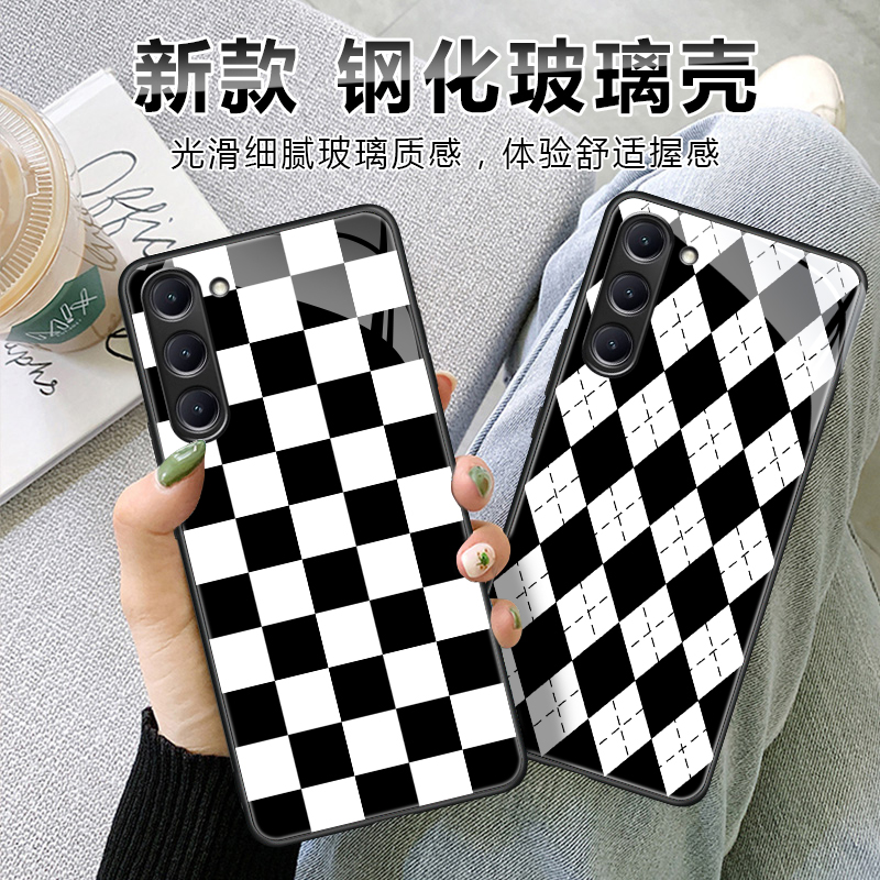 棋盘格手机壳适用于三星S24钢化玻璃23+黑白格子21/22FE定制S9S8+硅胶边note20Ultra男女10经典9高级感8薄款