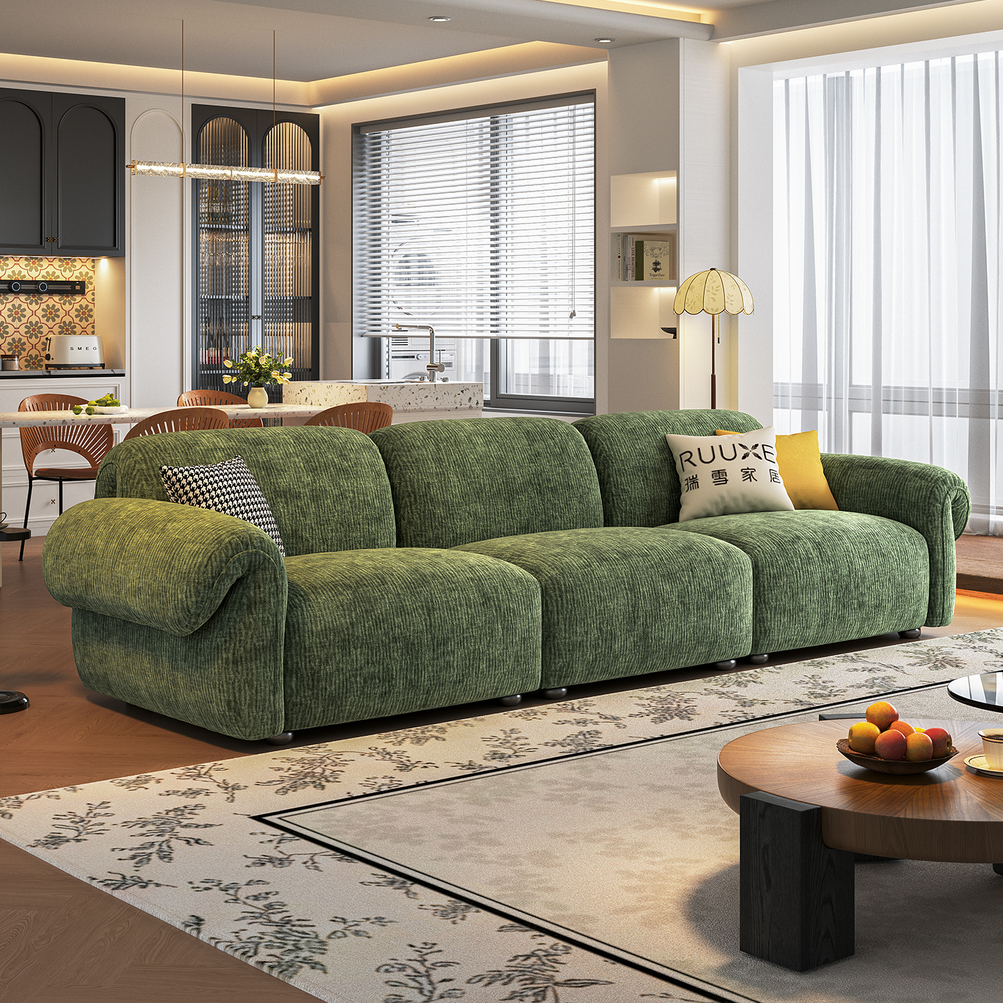 瑞雪八爪鱼沙发中古风客厅小户型墨绿色沙发设计师雪尼尔直排沙发