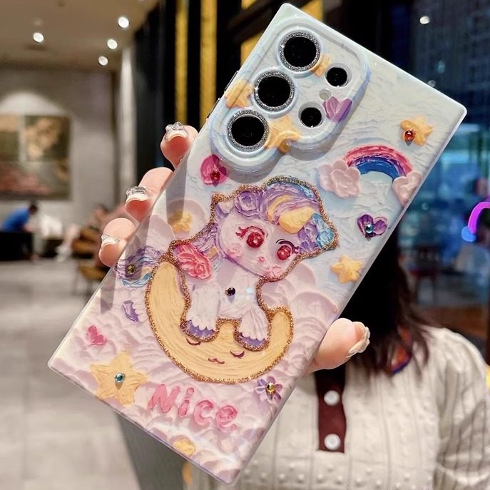 适用三星GalaxyS25Ultra手机壳新款闪粉镜头蓝光滴钻油画独角兽可爱百搭24+防摔全包23plus软胶情侣22u