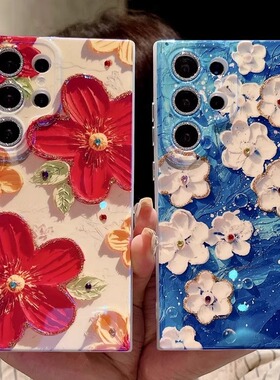 适用三星GalaxyS25Ultra手机壳新款蓝光闪钻-油画红花S25+硅胶防摔壳S24Ultra全包镜头S23plus软胶s23Ultra女