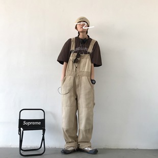 潮 男女宽松直筒休闲连体吊带长裤 2025秋冬复古工装 拼色牛仔背带裤
