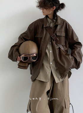 冬季美式复古PU机车皮衣外套男女同款宽松休闲飞行翻领皮夹克潮牌