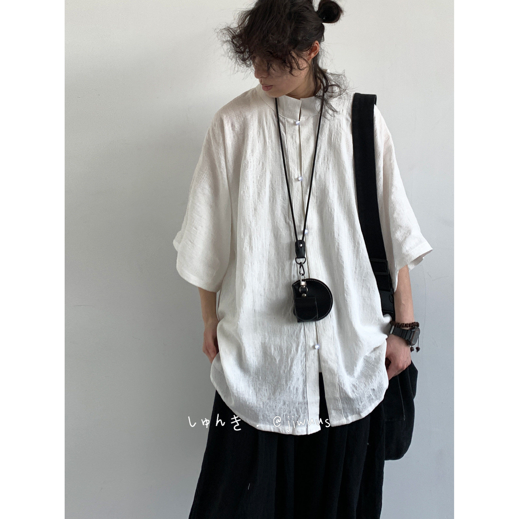 ZOAK新中式立领五分袖衬衫男女同款休闲麻料白色宽松上衣夏季日系