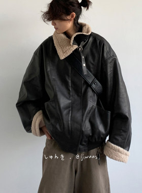 ZOAK 冬季美式复古羊羔绒翻领机车皮衣男女生美拉德宽松潮流外套