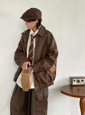 日系复古做旧翻领飞行员机车皮衣男女休闲宽松PU夹克外套潮