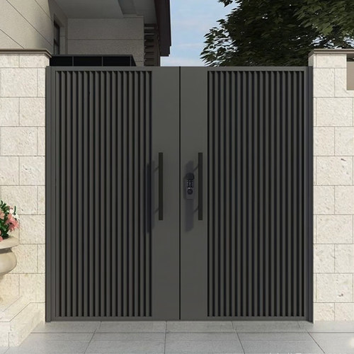 铝合金庭院门铝艺双开大门别墅中式电动平移大门木纹小院子门户外