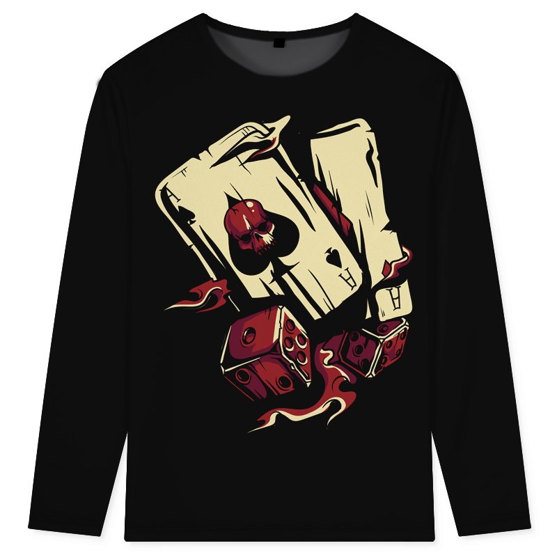 欧美潮牌嘻哈长袖扑克牌骷髅雷神之锤印花t恤男款复古大码衣服秋