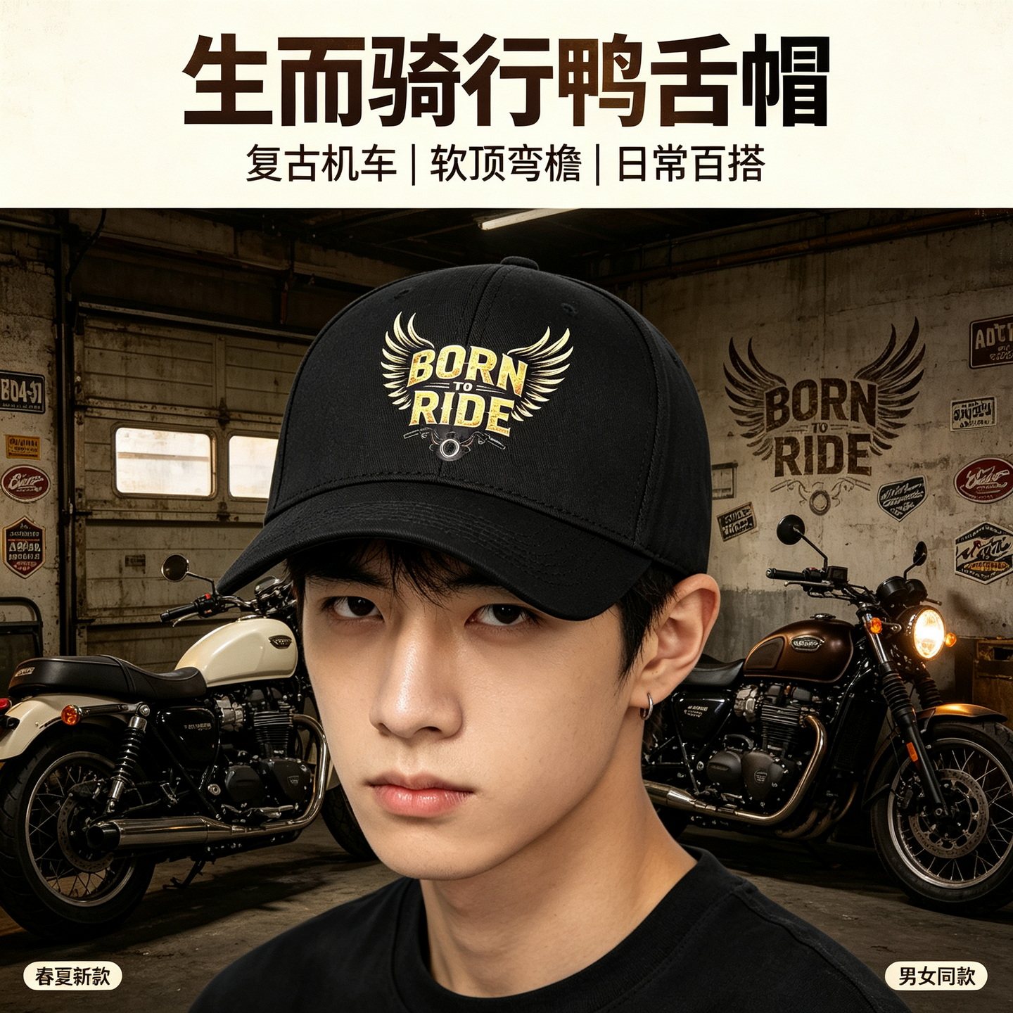 美式复古机车BORN TO RIDE为骑行而生网眼男女透气休闲百搭鸭舌帽