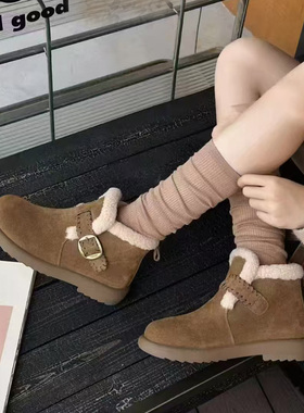芭笛尔2025冬季真皮勃肯鞋女毛毛短靴平底加绒保暖棉鞋女靴86099