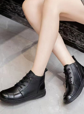 芭笛尔2025冬季新款真皮妈妈短靴女软底中老年加绒保暖棉鞋78076