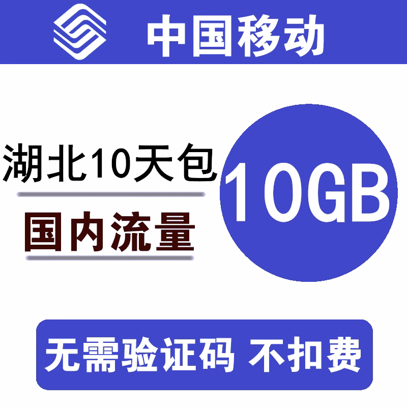 湖北移动流量充值10G全国通用10G 10天流量包3/4/5g通用叠加包