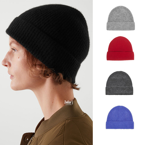 COS中性纯山羊绒针织翻边冷帽