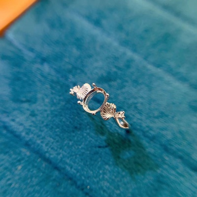 s925银饰戒指空托简约时尚银杏开口戒托女镀金戒托椭圆5*7mm