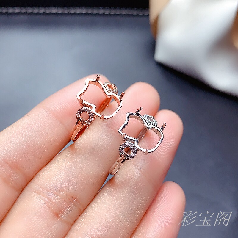 s925银戒指空托镶嵌貔貅戒指碧玉