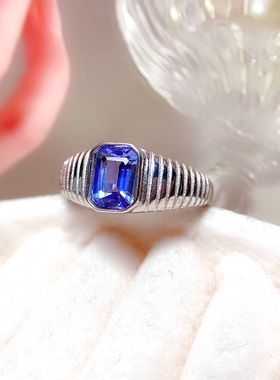 s925银饰戒指空托枕长方形5*7mm镶坦桑石莫桑钻欧美拉丝复古男女