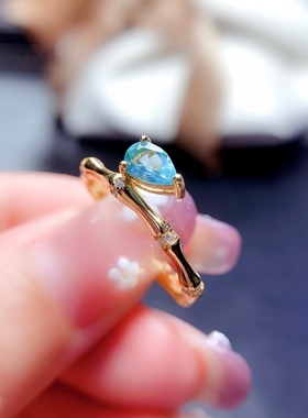 s925纯银竹节水滴形4*6mm戒指女轻奢设计感素圈网红开口镶磷灰石