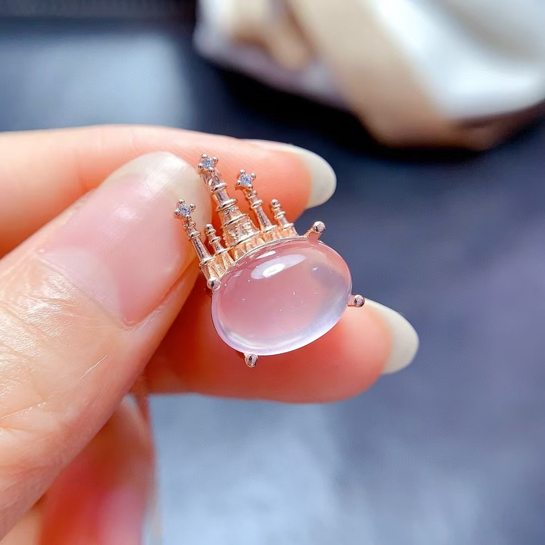 s925纯银镀金天然粉晶吊坠空托女时尚百搭气质椭圆形10*14mm