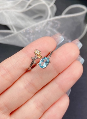 s925银饰戒指空托双色金清秀荷花复古开口戒托椭圆形5*7镶磷灰石