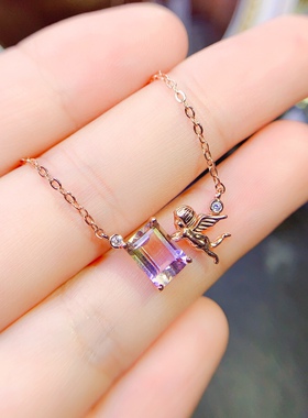s925银饰锁骨链项链吊坠空托天使时尚欧美潮流长方6*8紫黄晶彩宝