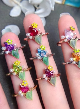 s925银饰戒指空托时尚冰激凌戒指托珐琅工艺镶水晶托帕石水滴5*7