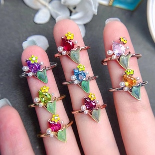 s925银饰戒指空托时尚冰激凌戒指托珐琅工艺镶水晶托帕石水滴5*7