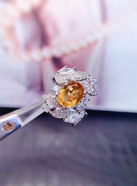 s925银饰戒指空托椭圆形7*9mm柔美典雅镀金戒指空托活口镶黄水晶