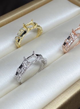 s925银饰戒指空托长方形5*7mm横镶日韩时尚轻奢活口戒托可调节