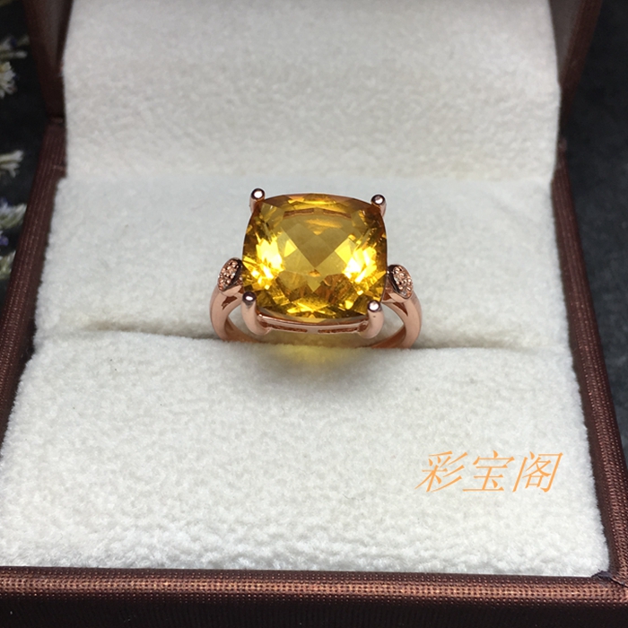 银戒指空托方形镶嵌黄水晶