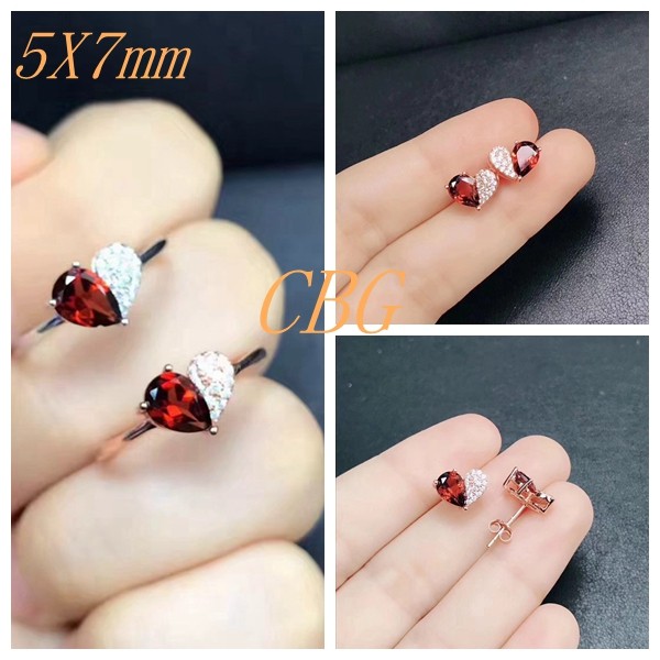 s925银戒指耳钉时尚银托5x7mm 代镶嵌石榴石水晶碧玺 银饰直销