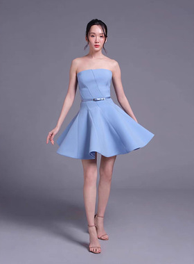 现货越南设计小众蓝色抹胸礼服短裙气质优雅收腰连衣裙