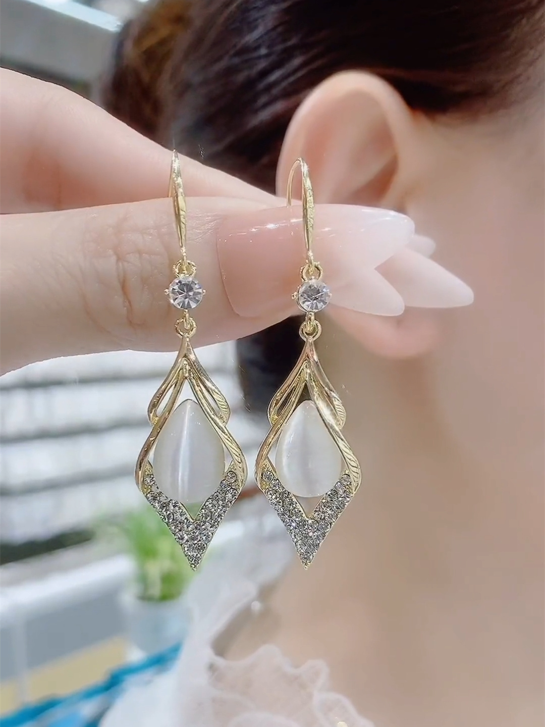 猫眼石耳钩款菱形耳环耳坠女设计