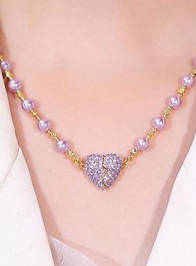 高级感镶钻爱心吊坠项链