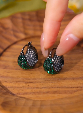 绿色满钻大提篮耳扣耳环女复古枪黑防丢设计感耳坠2023新款爆款潮