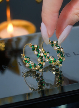 绿色繁星点点锆石耳圈耳环女设计感精致轻奢网红百搭耳饰2024新款