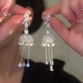 银色长款 耳坠防过敏方圆脸 复古流苏耳钉耳环女设计感重工微镶时尚