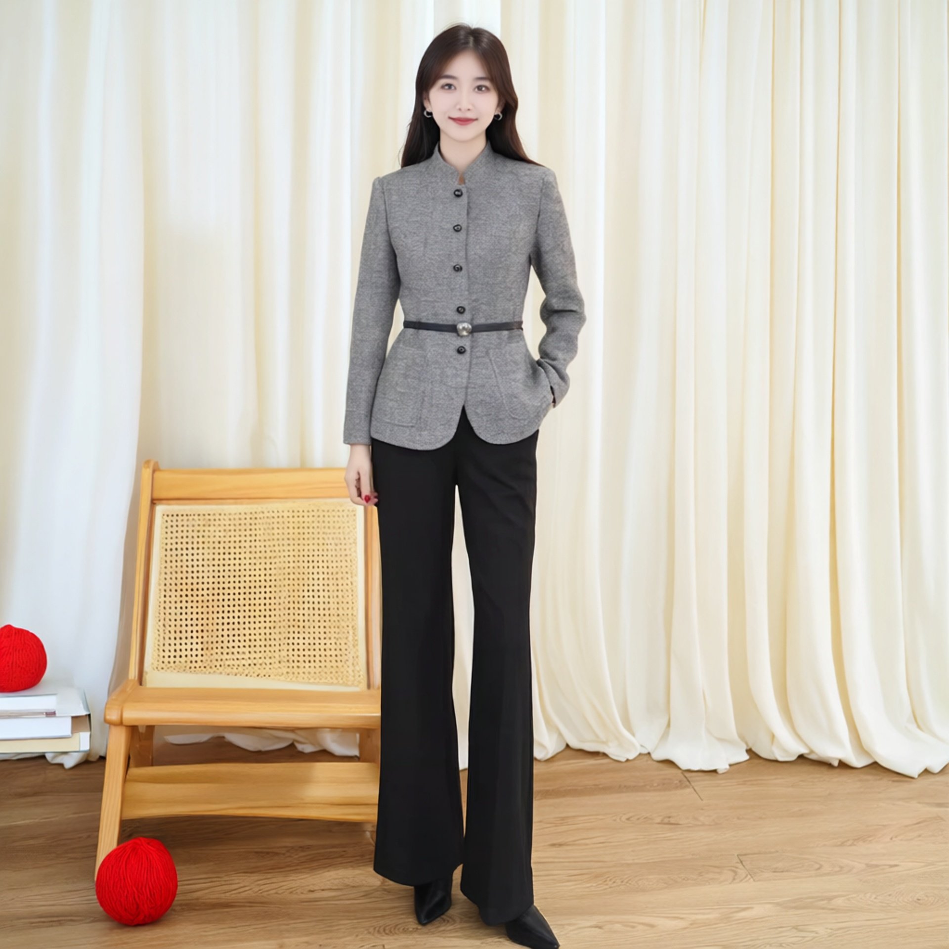 AD 2025秋冬新款高级感通勤正装羊毛立领复古灰色休闲西装套装,女装/女士精品,职业女裤套装,淘宝优惠券,粉丝福利购,淘宝优惠卷