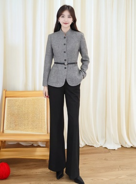 AD 2025秋冬新款高级感通勤正装羊毛立领复古灰色休闲西装套装