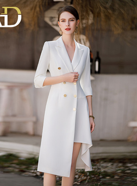 AD白色双排扣连衣裙女2023春夏七分袖不规则中长裙职业装a字裙子