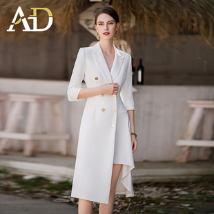 AD白色双排扣连衣裙女2023春夏七分袖 a字裙子 不规则中长裙职业装